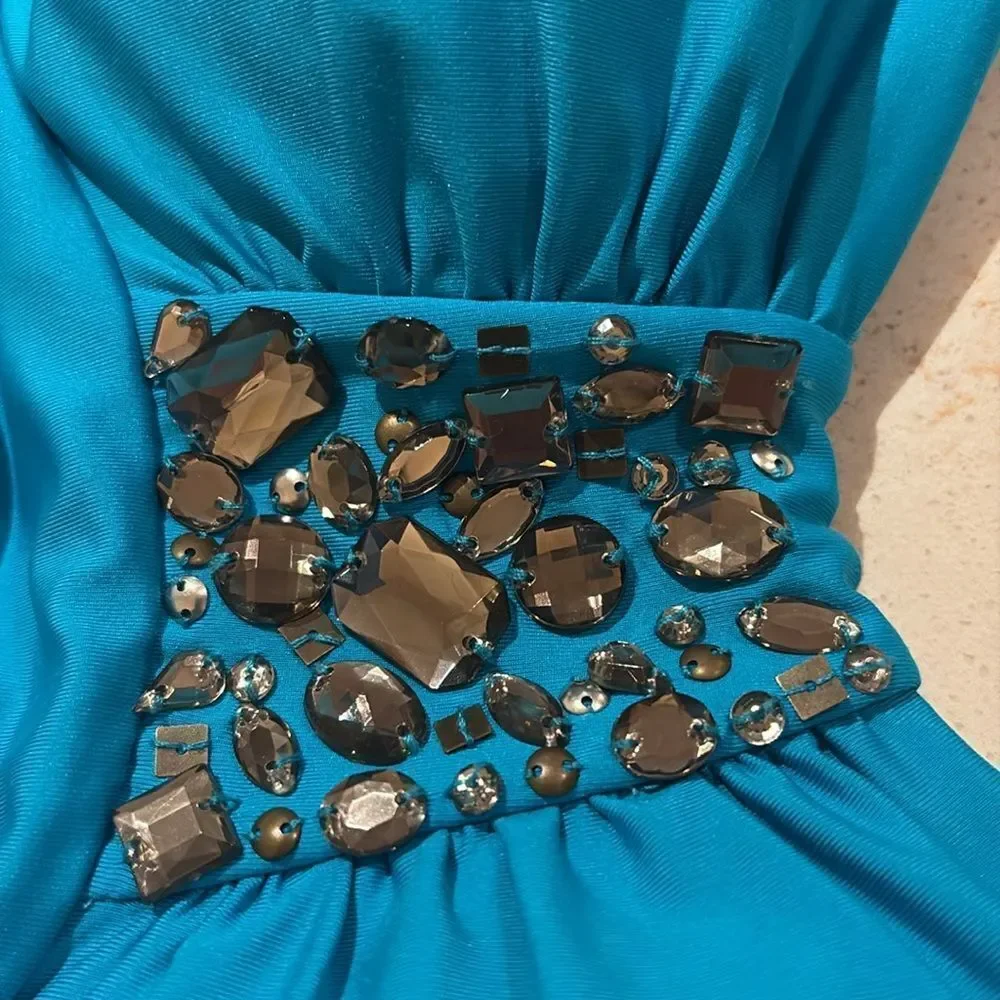 Jantzen Teal Swimsuit bejeweled chest one piece halter top SZ 16 Jeweled sequins